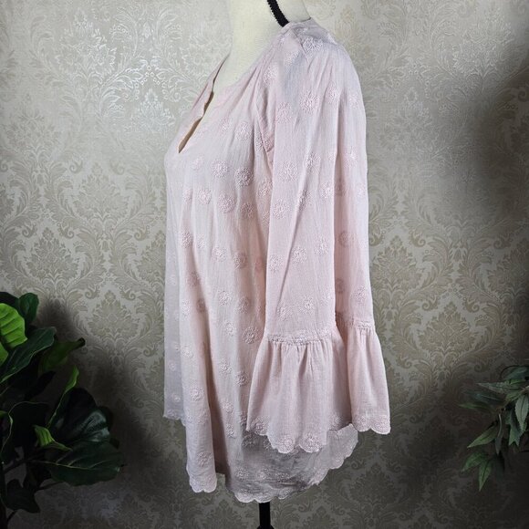 J Jill Sz Large Pale Pink Tunic Split V-Neck Scalloped Edges 3/4 Flared Sleeves - Picture 7 of 12